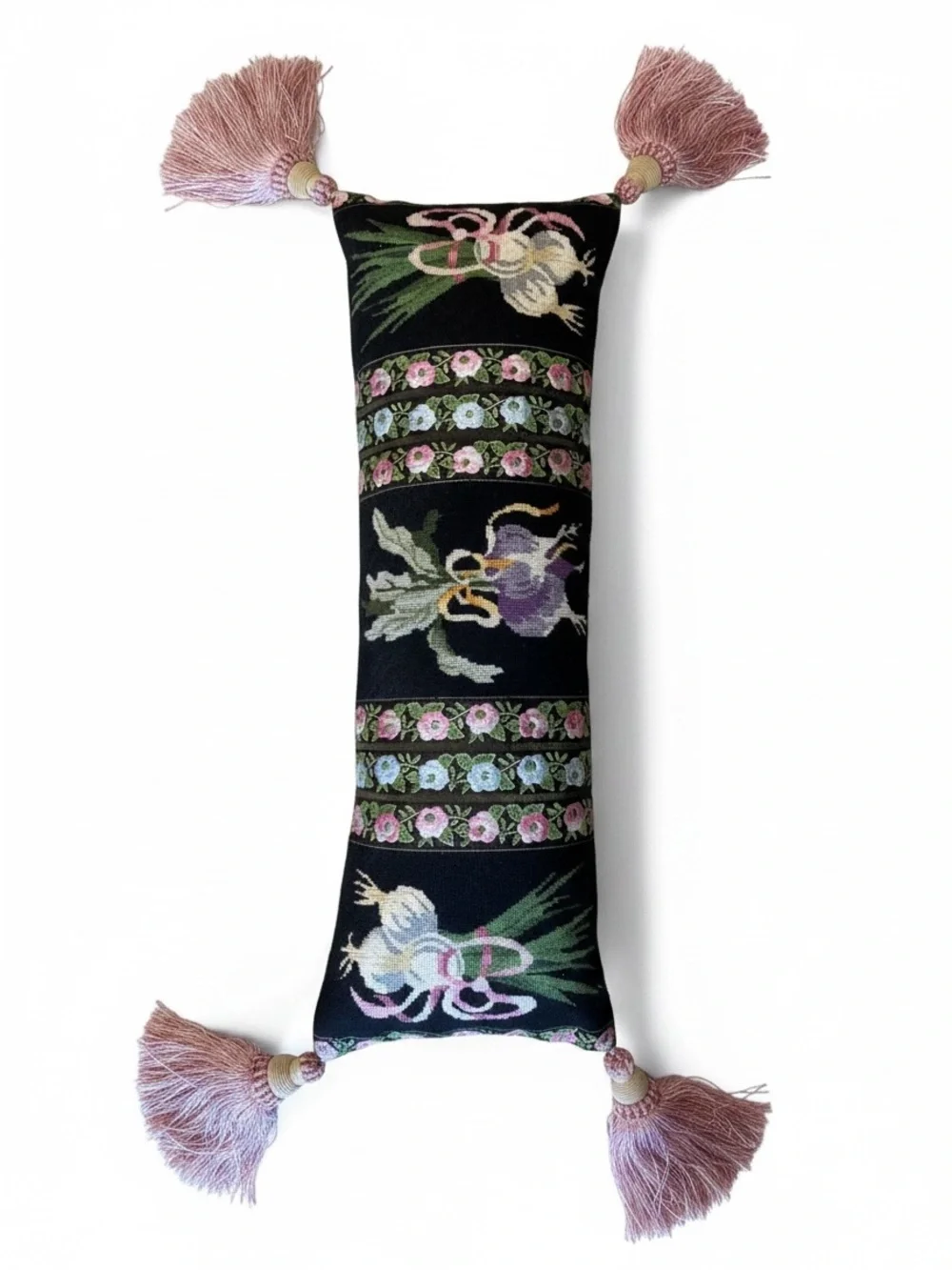 Embroidered Floral Bolster Pillow with Tassels - Botanical Garden Cottagecore